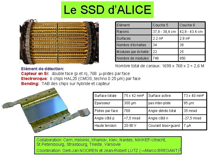 Le SSD d’ALICE Elément Couche 5 Couche 6 Rayons 37, 8 - 38, 4