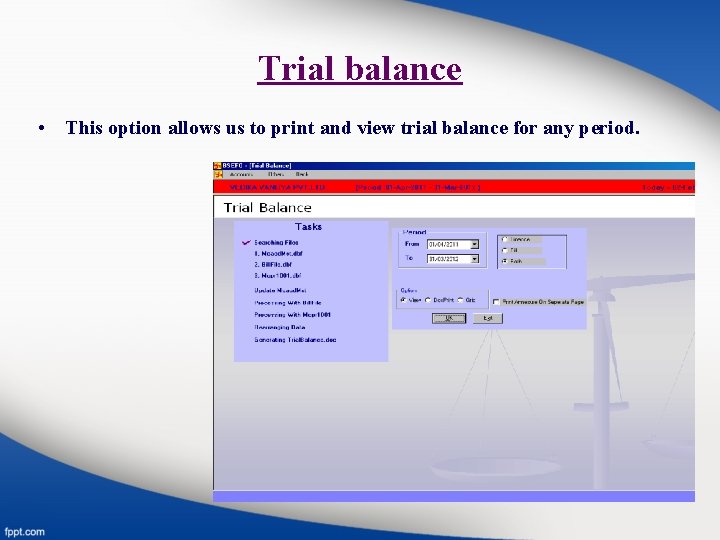 Trial balance • This option allows us to print and view trial balance for