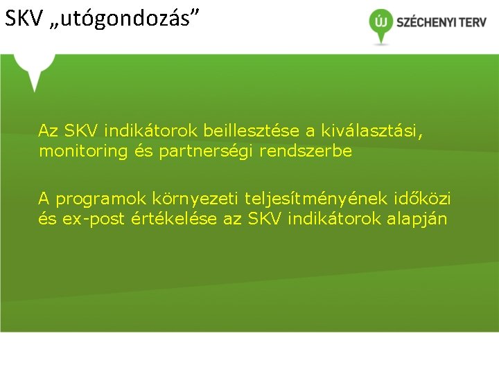 SKV „utógondozás” Az SKV indikátorok beillesztése a kiválasztási, monitoring és partnerségi rendszerbe A programok