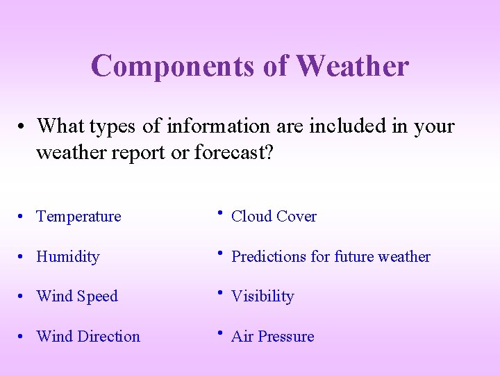 Components of Weather • What types of information are included in your weather report