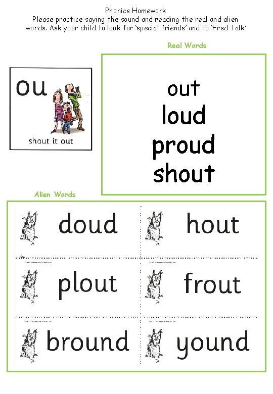 Phonics Homework Please practice saying the sound and reading the real and alien words.