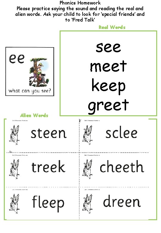 Phonics Homework Please practice saying the sound and reading the real and alien words.