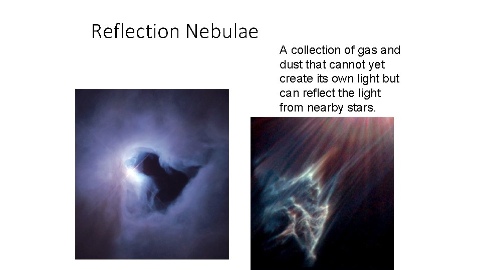 Reflection Nebulae A collection of gas and dust that cannot yet create its own
