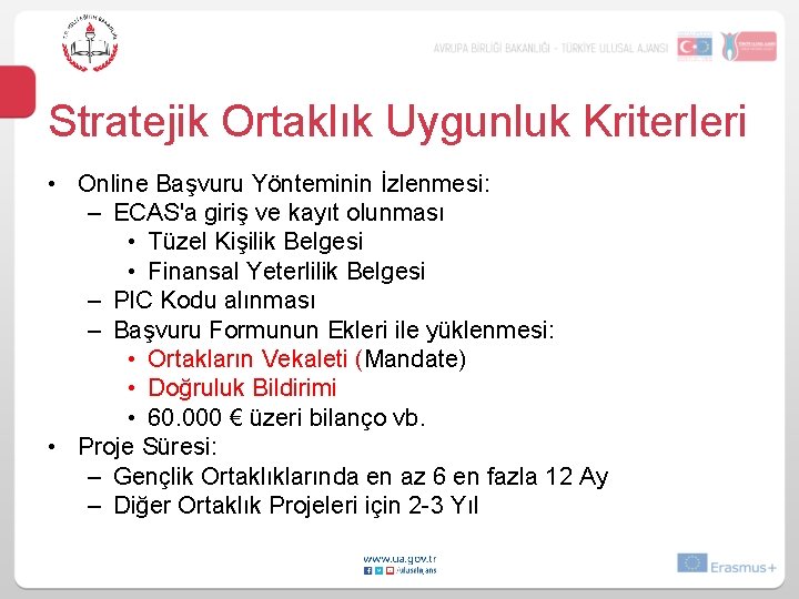 Stratejik Ortaklık Uygunluk Kriterleri • Online Başvuru Yönteminin İzlenmesi: – ECAS'a giriş ve kayıt