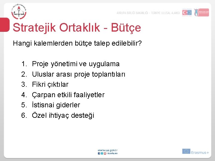 Stratejik Ortaklık - Bütçe Hangi kalemlerden bütçe talep edilebilir? 1. 2. 3. 4. 5.