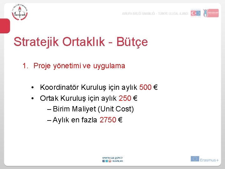 Stratejik Ortaklık - Bütçe 1. Proje yönetimi ve uygulama • Koordinatör Kuruluş için aylık