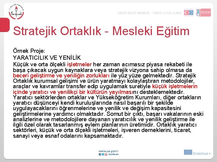 Stratejik Ortaklık - Mesleki Eğitim Örnek Proje: YARATICILIK VE YENİLİK Küçük ve orta ölçekli