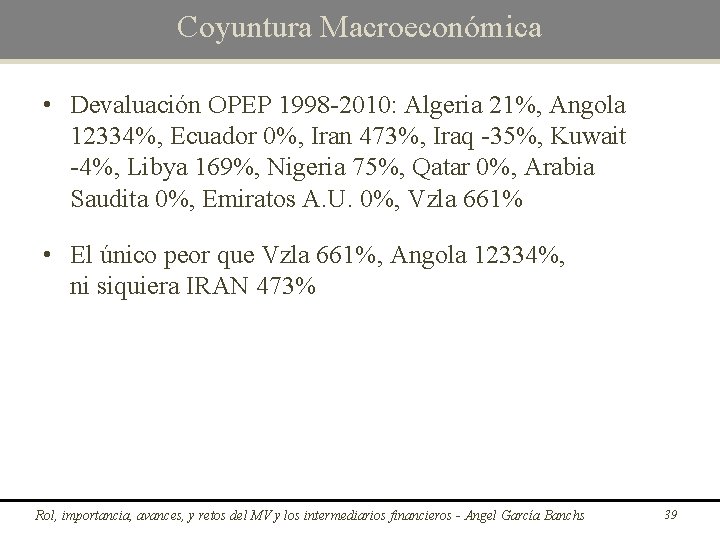 Coyuntura Macroeconómica • Devaluación OPEP 1998 -2010: Algeria 21%, Angola 12334%, Ecuador 0%, Iran