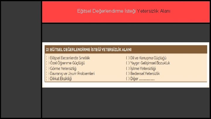 Eğitsel Değerlendirme İsteği Yetersizlik Alanı 