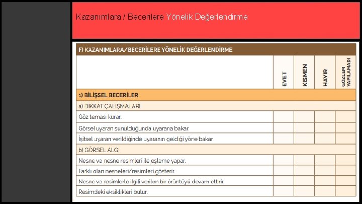 Kazanımlara / Becerilere Yönelik Değerlendirme 