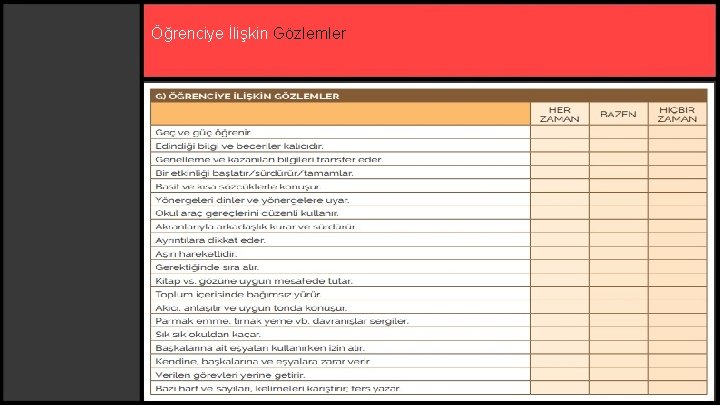 Öğrenciye İlişkin Gözlemler 