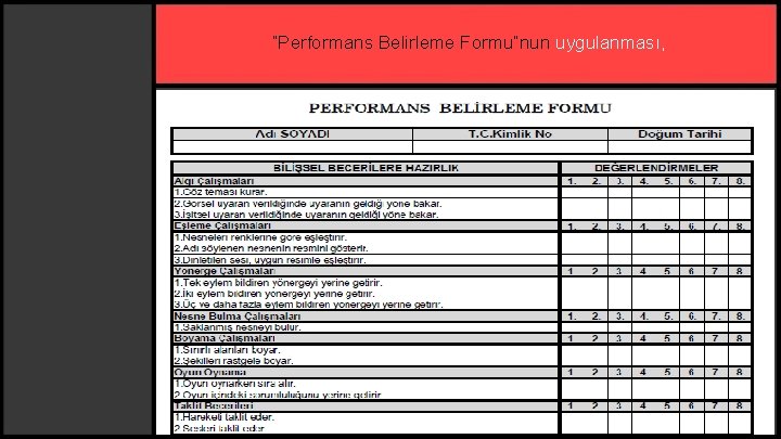 “Performans Belirleme Formu”nun uygulanması, 