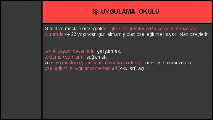 İŞ UYGULAMA OKULU Genel ve mesleki ortaöğretim eğitim programlarından yararlanamayacak durumda ve 23 yaşından