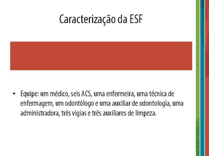 Caracterização da ESF • Equipe: um médico, seis ACS, uma enfermeira, uma técnica de