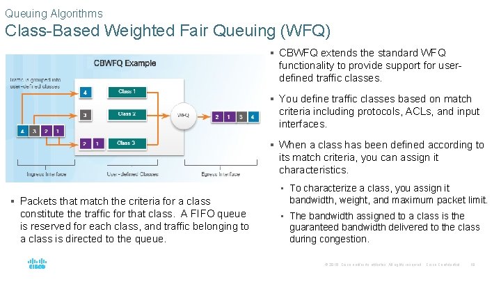 Queuing Algorithms Class-Based Weighted Fair Queuing (WFQ) § CBWFQ extends the standard WFQ functionality Queuing Algorithms Class-Based Weighted Fair Queuing (WFQ) § CBWFQ extends the standard WFQ functionality