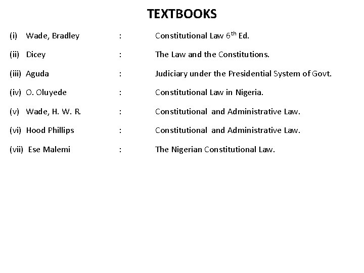 TEXTBOOKS (i) Wade, Bradley : Constitutional Law 6 th Ed. (ii) Dicey : The