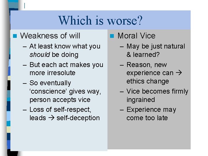 Which is worse? n Weakness of will – At least know what you should