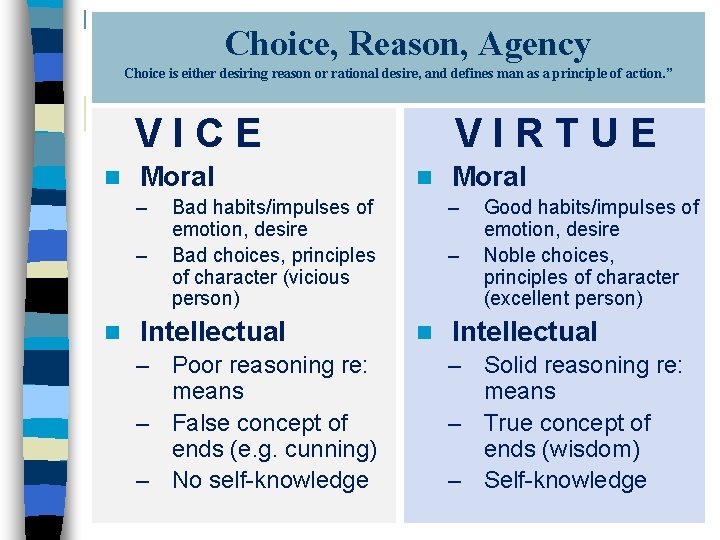 Choice, Reason, Agency Choice is either desiring reason or rational desire, and defines man