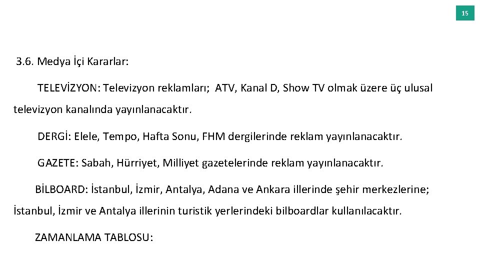 15 3. 6. Medya İçi Kararlar: TELEVİZYON: Televizyon reklamları; ATV, Kanal D, Show TV