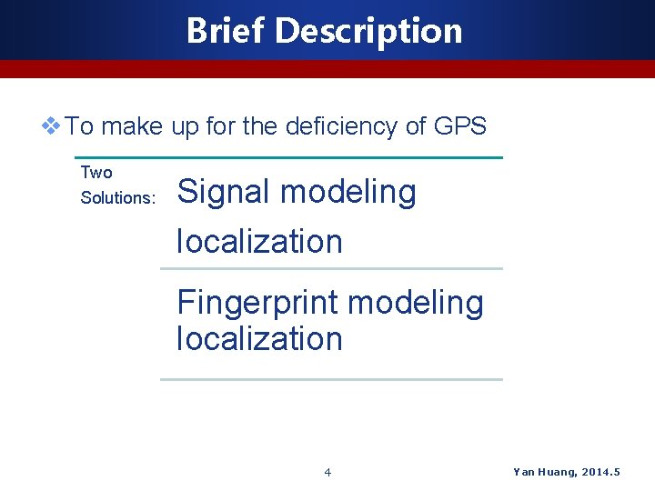 Brief Description v To make up for the deficiency of GPS Two Solutions: Signal