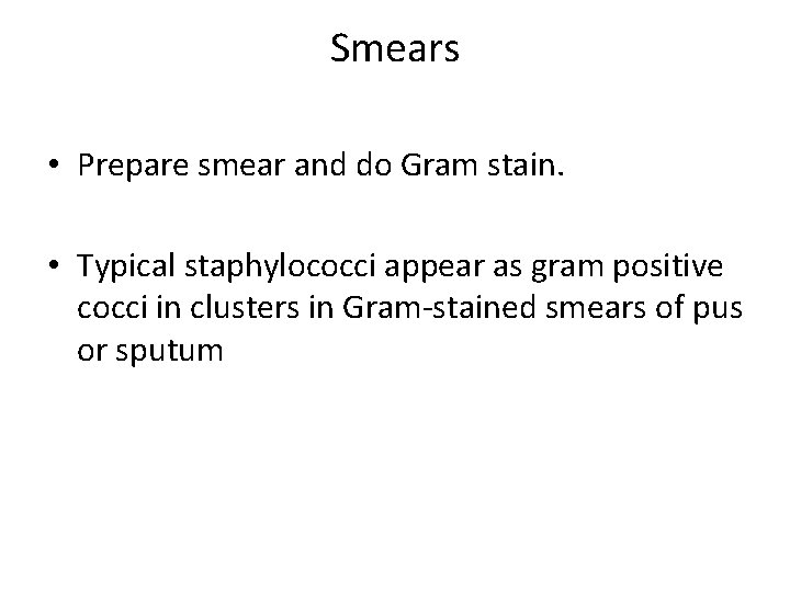 Smears • Prepare smear and do Gram stain. • Typical staphylococci appear as gram