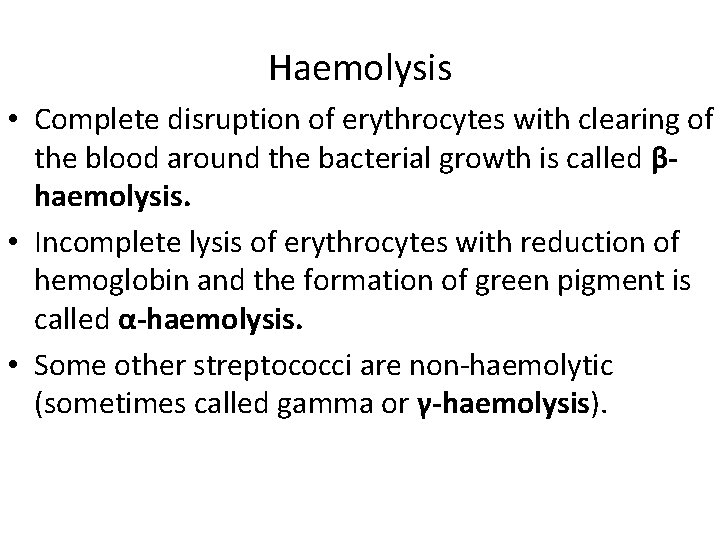 Haemolysis • Complete disruption of erythrocytes with clearing of the blood around the bacterial