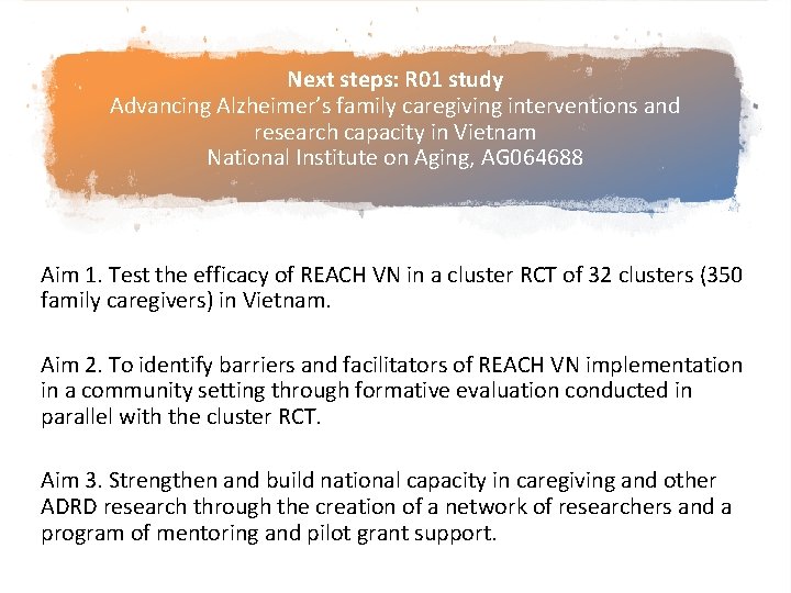 Next steps: R 01 study Advancing Alzheimer’s family caregiving interventions and research capacity in