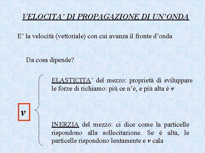 VELOCITA’ DI PROPAGAZIONE DI UN’ONDA E’ la velocità (vettoriale) con cui avanza il fronte