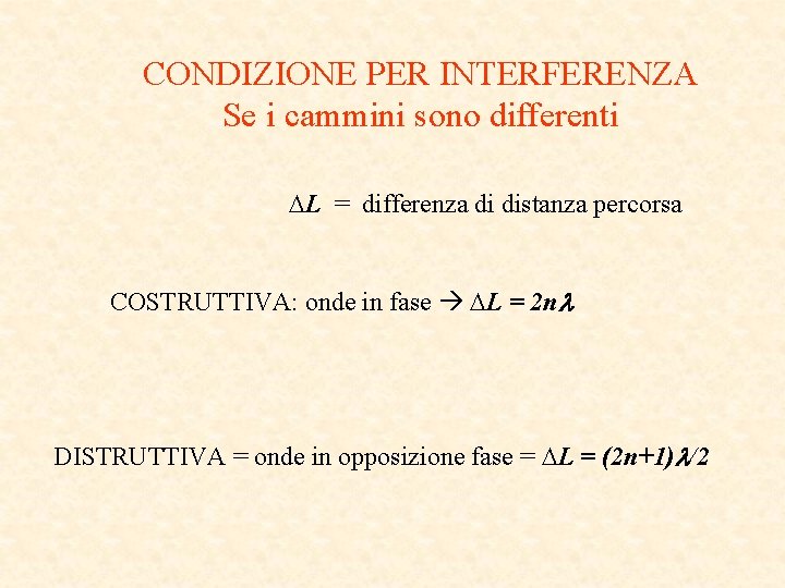 CONDIZIONE PER INTERFERENZA Se i cammini sono differenti L = differenza di distanza percorsa