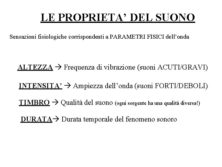 LE PROPRIETA’ DEL SUONO Sensazioni fisiologiche corrispondenti a PARAMETRI FISICI dell’onda ALTEZZA Frequenza di