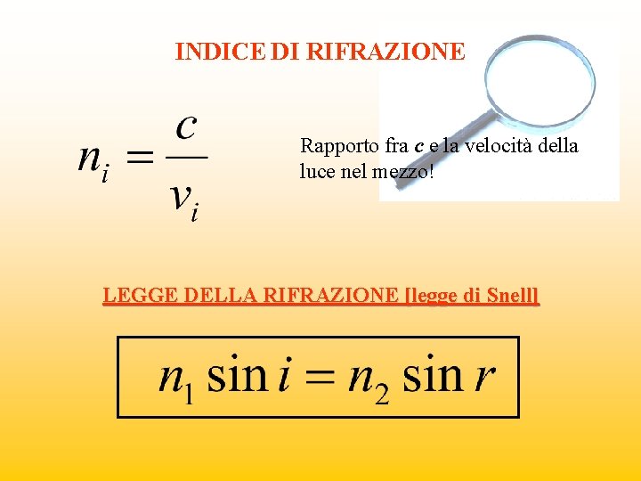 INDICE DI RIFRAZIONE Rapporto fra c e la velocità della luce nel mezzo! LEGGE