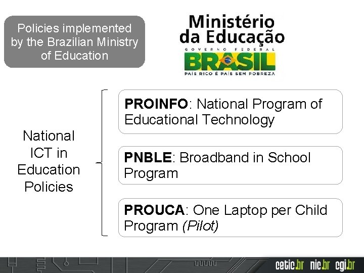 Policies implemented by the Brazilian Ministry of Education PROINFO: National Program of Educational Technology