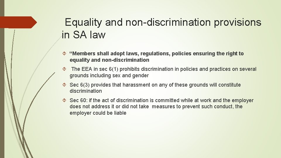 Equality and non-discrimination provisions in SA law “Members shall adopt laws, regulations, policies ensuring