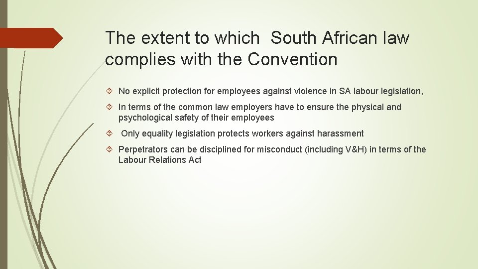 The extent to which South African law complies with the Convention No explicit protection