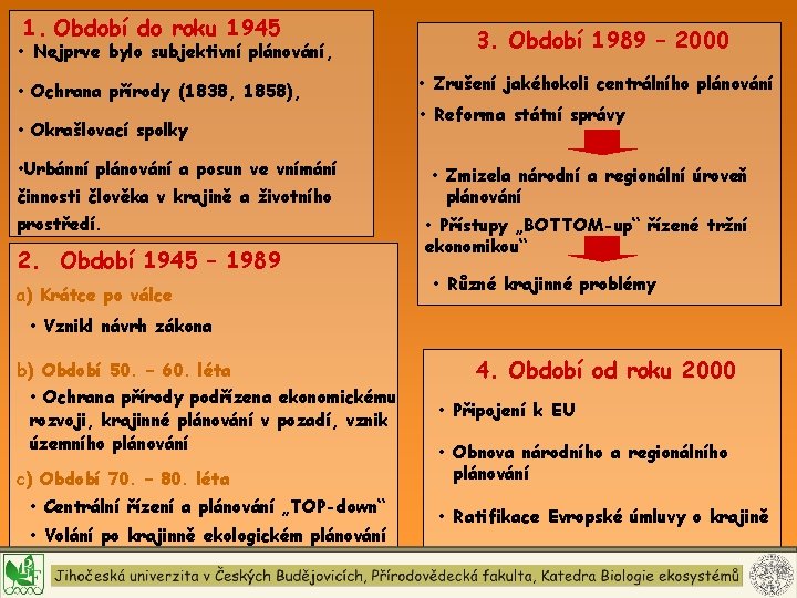 1. Období do roku 1945 • Nejprve bylo subjektivní plánování, • Ochrana přírody (1838,