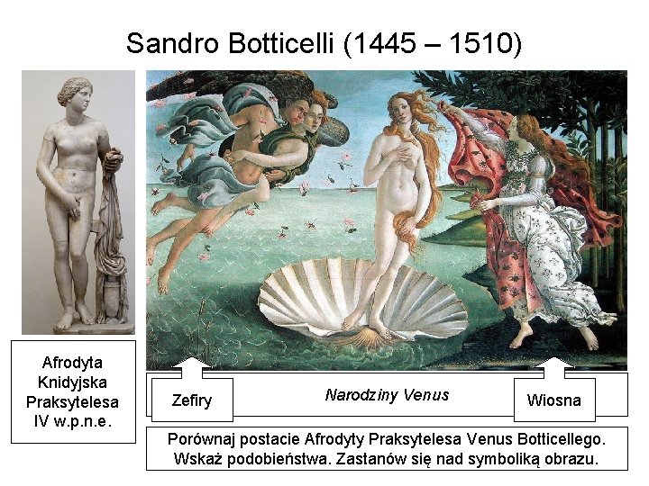 Sandro Botticelli (1445 – 1510) Afrodyta Knidyjska Praksytelesa IV w. p. n. e. Zefiry