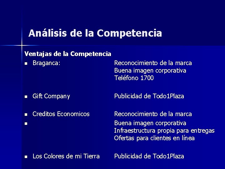 Análisis de la Competencia Ventajas de la Competencia n Braganca: Reconocimiento de la marca