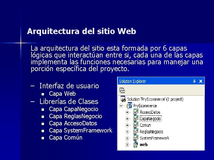 Arquitectura del sitio Web La arquitectura del sitio esta formada por 6 capas lógicas