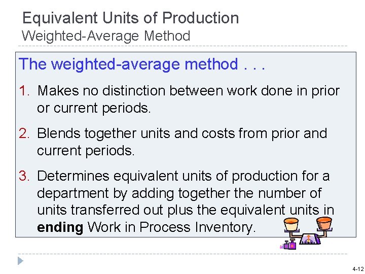 Equivalent Units of Production Weighted-Average Method The weighted-average method. . . 1. Makes no