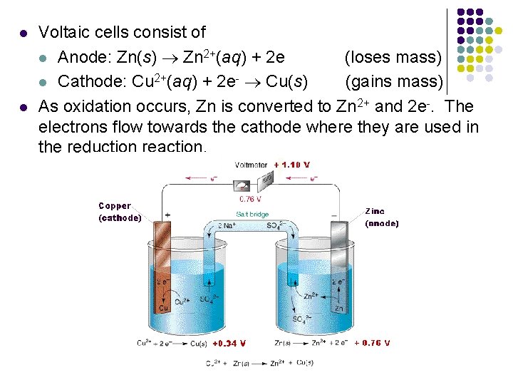 l l Voltaic cells consist of l Anode: Zn(s) Zn 2+(aq) + 2 e