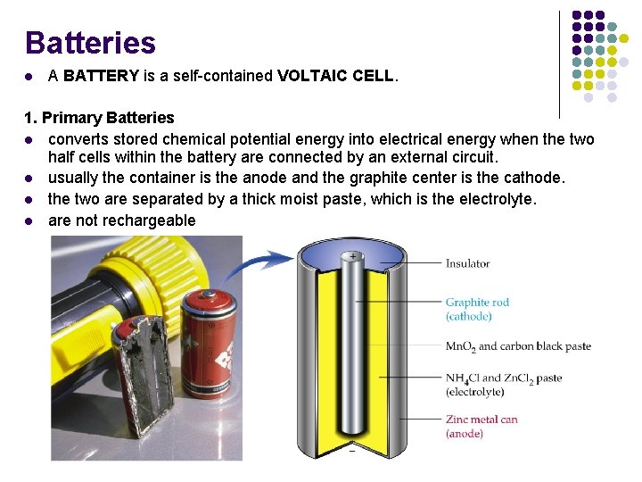 Batteries l A BATTERY is a self-contained VOLTAIC CELL. 1. Primary Batteries l converts