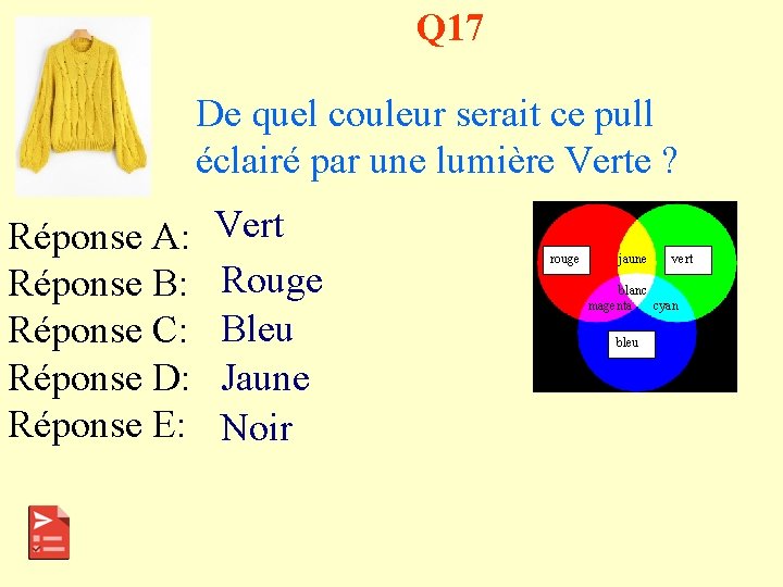 Q 17 De quel couleur serait ce pull éclairé par une lumière Verte ?
