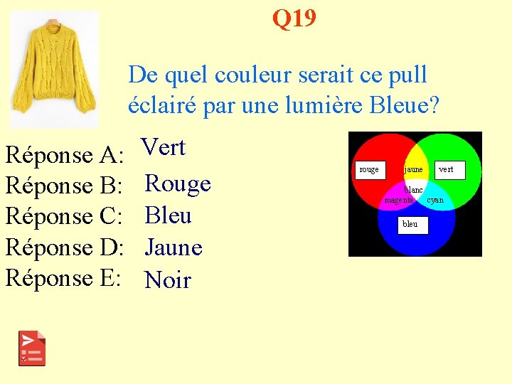 Q 19 De quel couleur serait ce pull éclairé par une lumière Bleue? Réponse