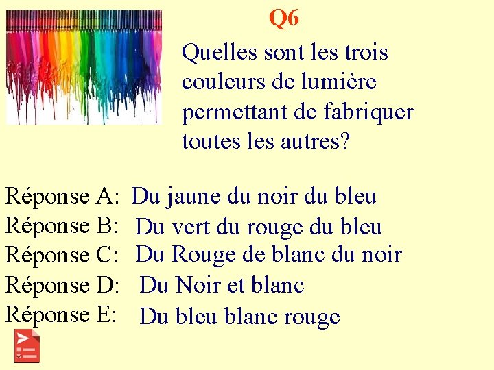 Q 6 Quelles sont les trois couleurs de lumière permettant de fabriquer toutes les