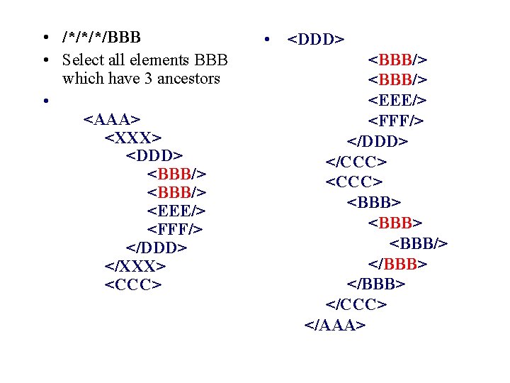  • /*/*/*/BBB • Select all elements BBB which have 3 ancestors • <AAA>