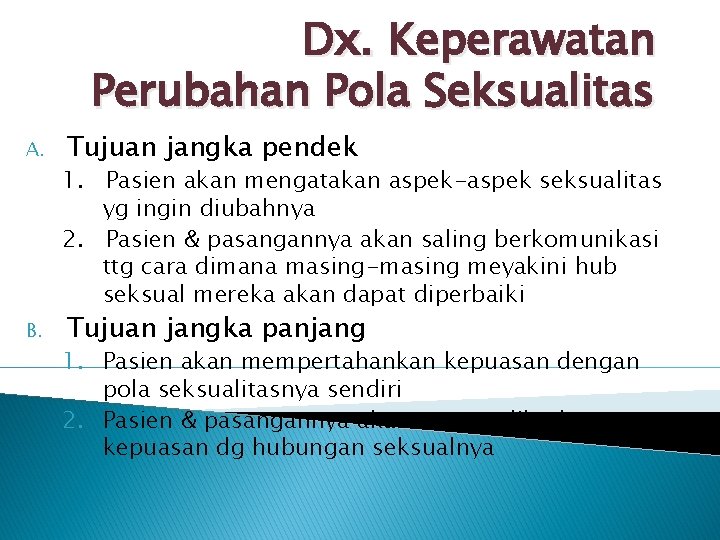 Dx. Keperawatan Perubahan Pola Seksualitas A. B. Tujuan jangka pendek 1. Pasien akan mengatakan