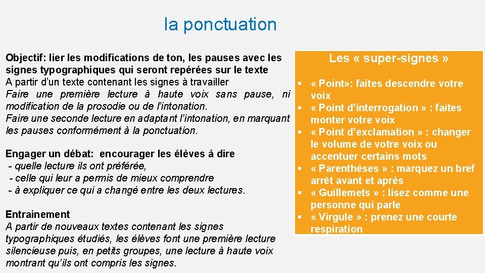 la ponctuation Objectif: lier les modifications de ton, les pauses avec les Les «