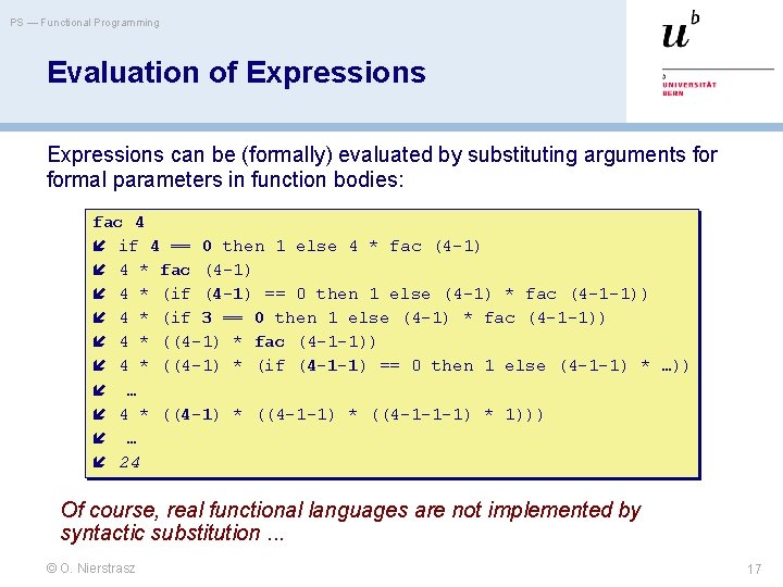 PS — Functional Programming Evaluation of Expressions can be (formally) evaluated by substituting arguments