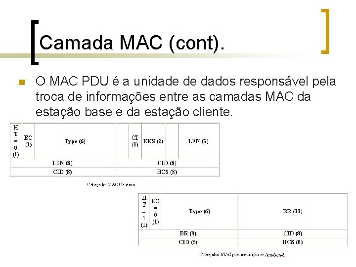 Camada MAC (cont). n O MAC PDU é a unidade de dados responsável pela