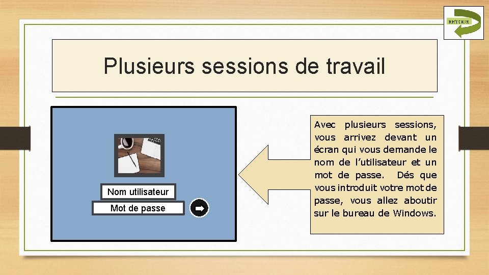 Plusieurs sessions de travail Nom utilisateur Mot de passe Avec plusieurs sessions, vous arrivez